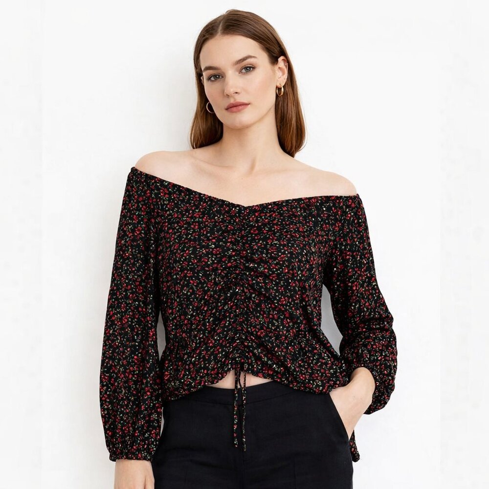 H&M Black and Red Floral Long Sleeve Top